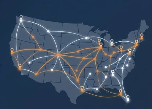 Network map of connected banks across the United States